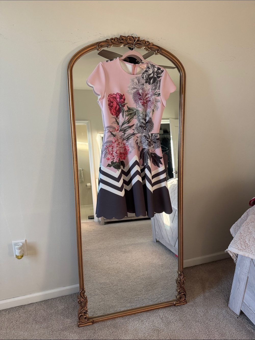 Ted Baker London Pink Floral Fit-and-Flare Dress with Black & White Chevron
